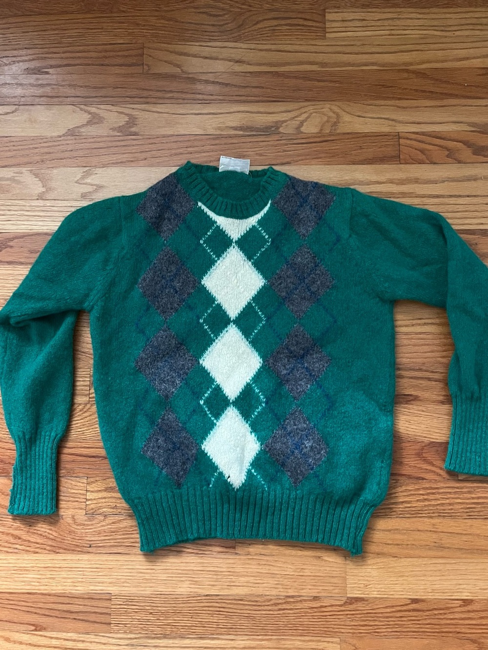 Green Argyle Crewneck 100% Wool Shetland Sweater- Woodward Shop